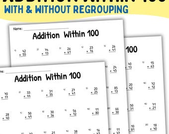 Addition Within 100 Worksheets PDF, 2nd Grade Math With & Without Regrouping, 40 Pages Printable , Two Digit Addition