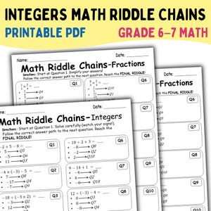 以下が含まれることがあります： 6〜7年生向けの、印刷可能なPDF数学ワークシート。ワークシートには、分数と整数用の数学パズルチェーンが掲載されています。ワークシートは、白の背景に黒いテキストで、生徒が数学の問題を解くように設計されています。
