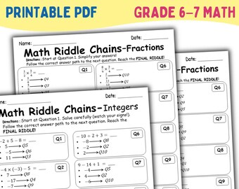 Math Riddle Chains Integers Activity | Positive Negative Numbers Puzzle | 6th 7th Grade Math Centers Worksheet | Middle School Printables