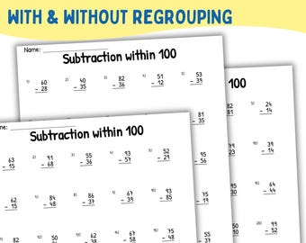 Subtraction Within 100 Worksheets PDF, 2nd Grade Math With & Without Regrouping, 40 Pages Printable, Two Digit Subtraction