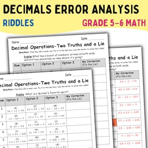 Felanalys med decimaltal | Addera, subtrahera, multiplicera, dividera decimaltal | Matematikcenter för årskurs 5, årskurs 6 | Matematikarbetsblad i PDF-format