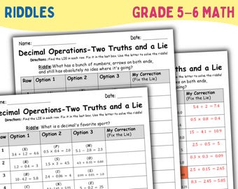 Decimal Operations Error Analysis Riddles | Add, Subtract, Multiply, Divide Decimals | 5th 6th Grade Math Centers | Math Worksheet PDF