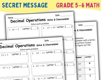 Decimal Operations Secret Message Unscramble Activity | 5th & 6th Grade Math Worksheet | Add, Subtract, Multiply, Divide Decimals Printable