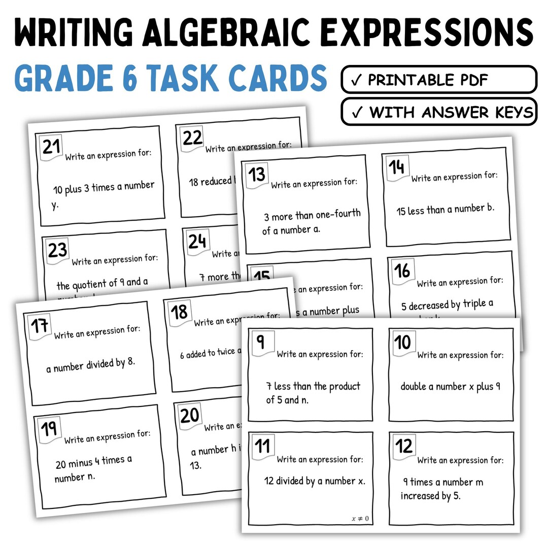 Writing Algebraic Expressions Task Cards Grade 6 | 24 Math Cards | Word ...