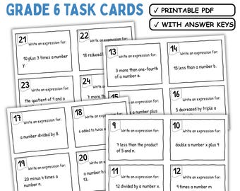 Writing Algebraic Expressions Task Cards Grade 6 | 24 Math Cards | Word Problems to Expressions | 6th Grade Math | Answer Key Included