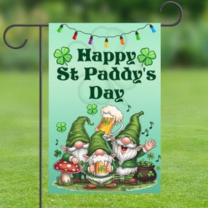 St Patrick&#39;s Day Garden Flag, Gnome House Flag, St Patrick&#39;s Day flag, Welcome Flag, St Paddy&#39;s Day Yard flag, yard flag with pole,