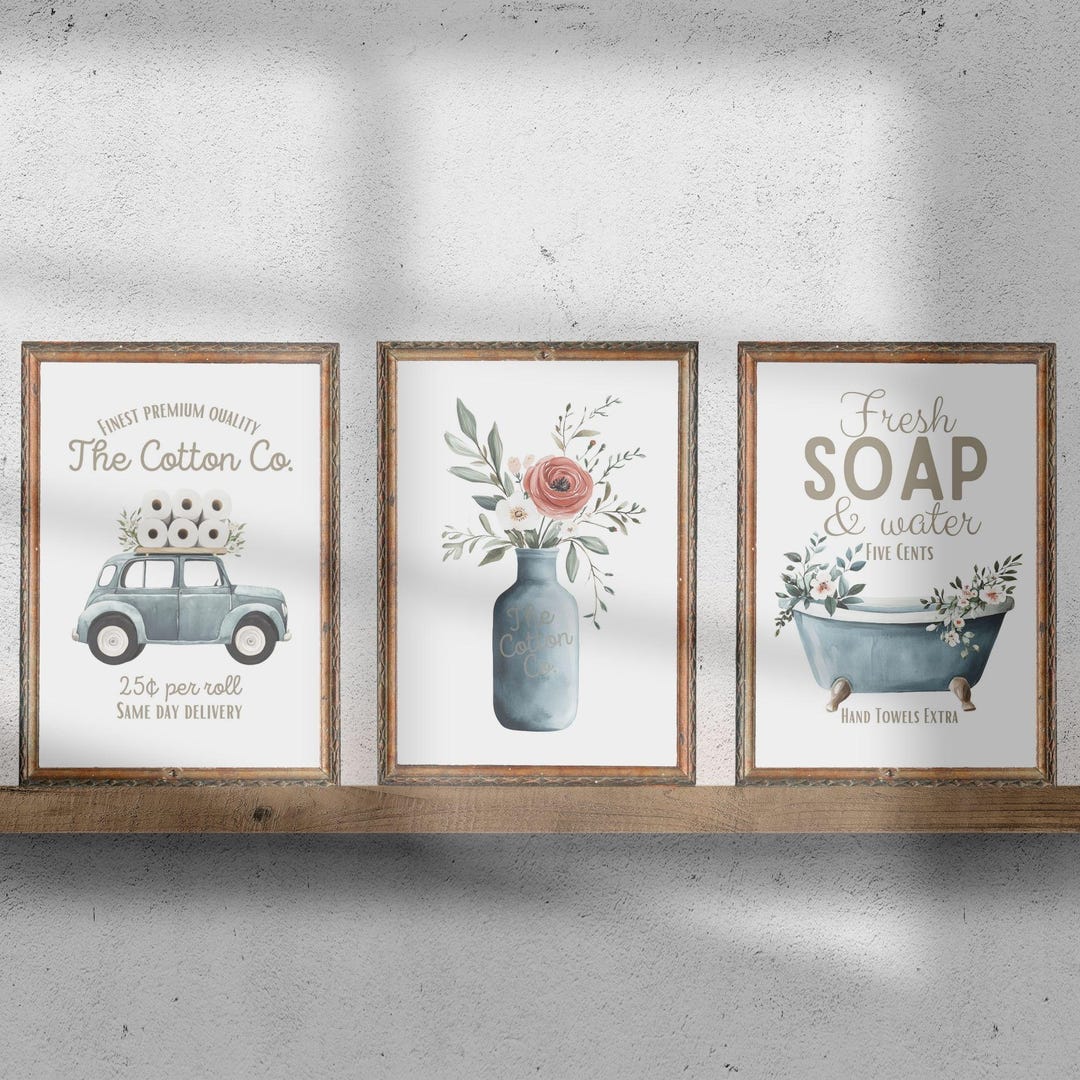 Set of 3 Bathroom Wall Decor Blue Cotton Co Truck Bathroom Wall Art Vintage Farmhouse Bathroom ...