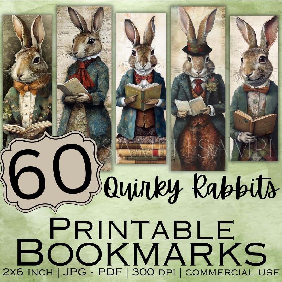 60 Quirky Rabbits Printable Bookmarks Digital Download JPG Bookmark