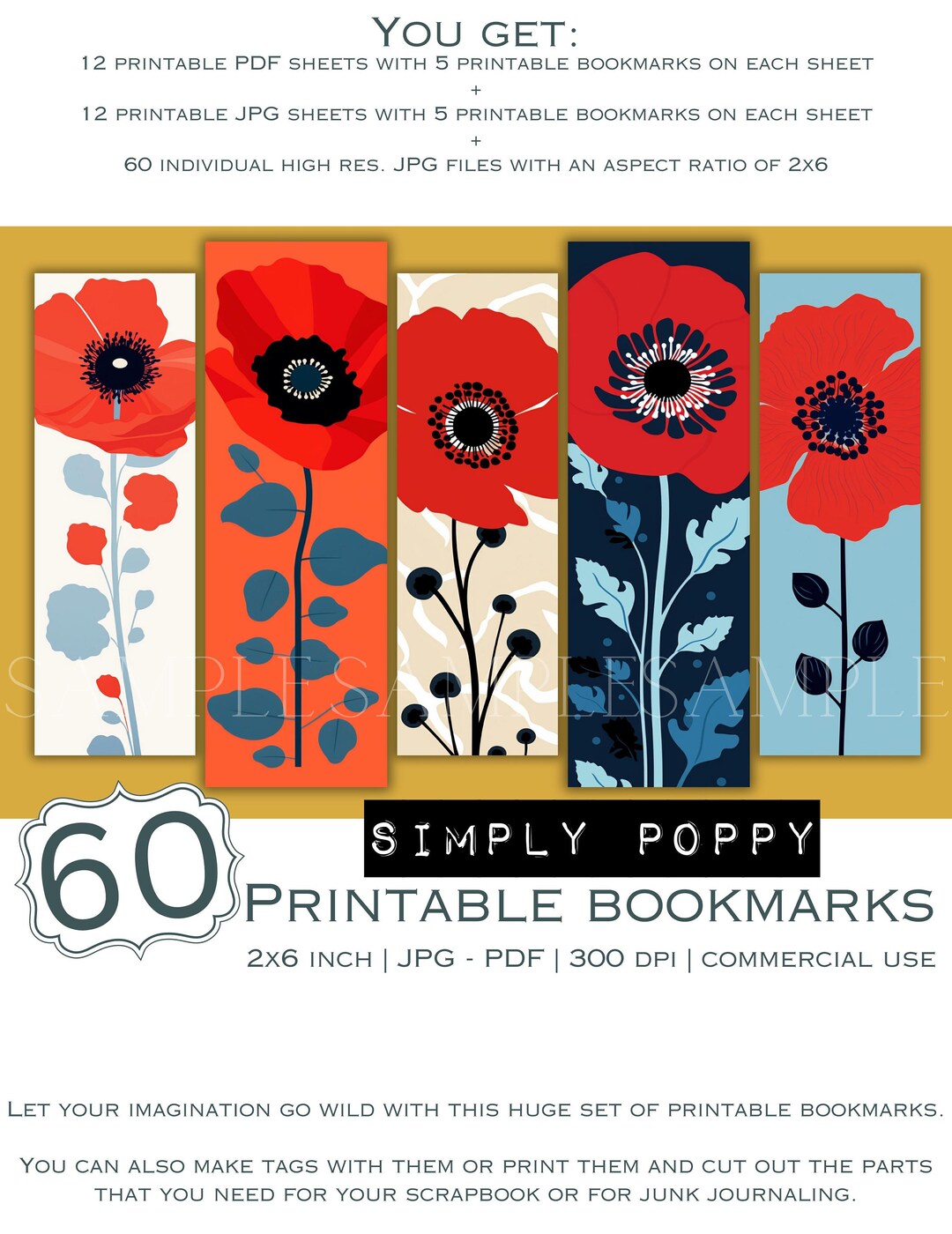 60 Simply Poppy Printable Bookmarks Digital Download JPG - Etsy