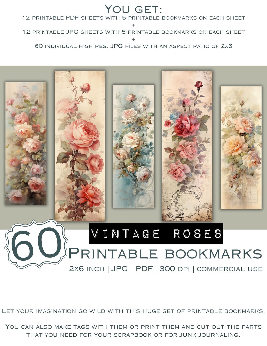 Vintage Roses Printable Bookmarks Cute and Unique Bookmark - Etsy