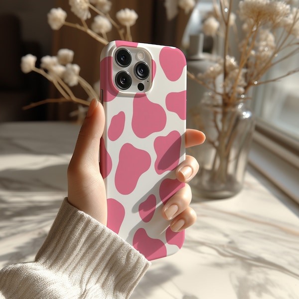 Kawaii Cow Print Phone Case for iPhone, Samsung Galaxy, Cowgirl Aesthetic iPhone Case, Pink Animal Print