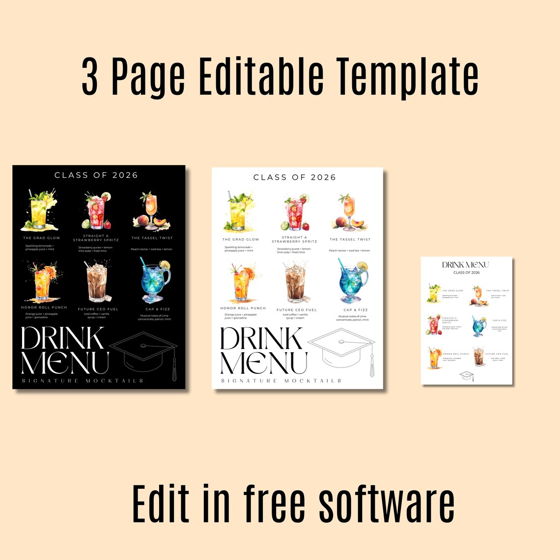 Graduation Drink Menu Template, Mocktail Bar Sign, Class of 2026 Party ...