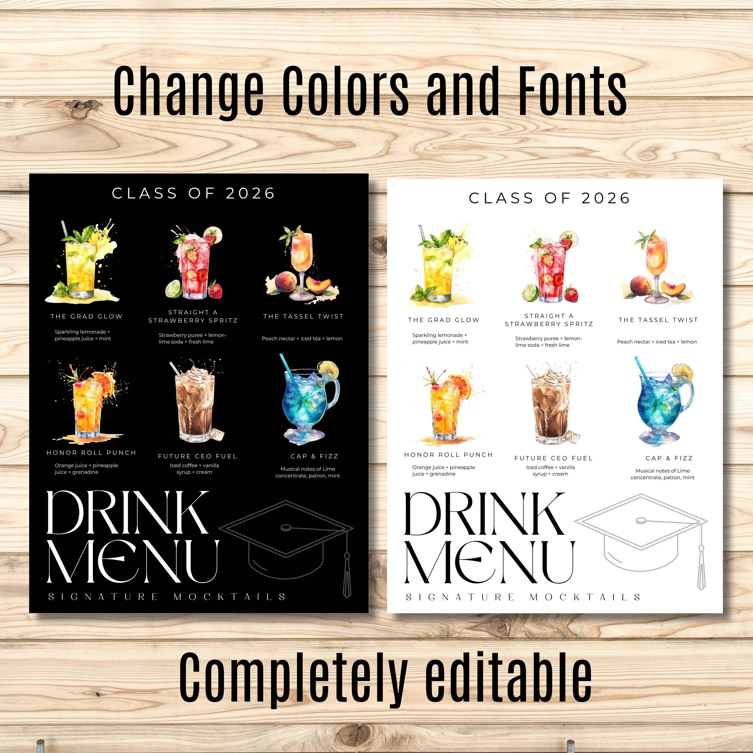 Graduation Drink Menu Template, Mocktail Bar Sign, Class of 2026 Party ...