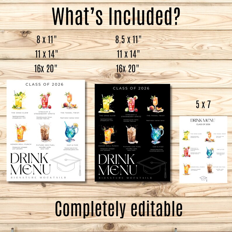 Graduation Drink Menu Template, Mocktail Bar Sign, Class of 2026 Party ...