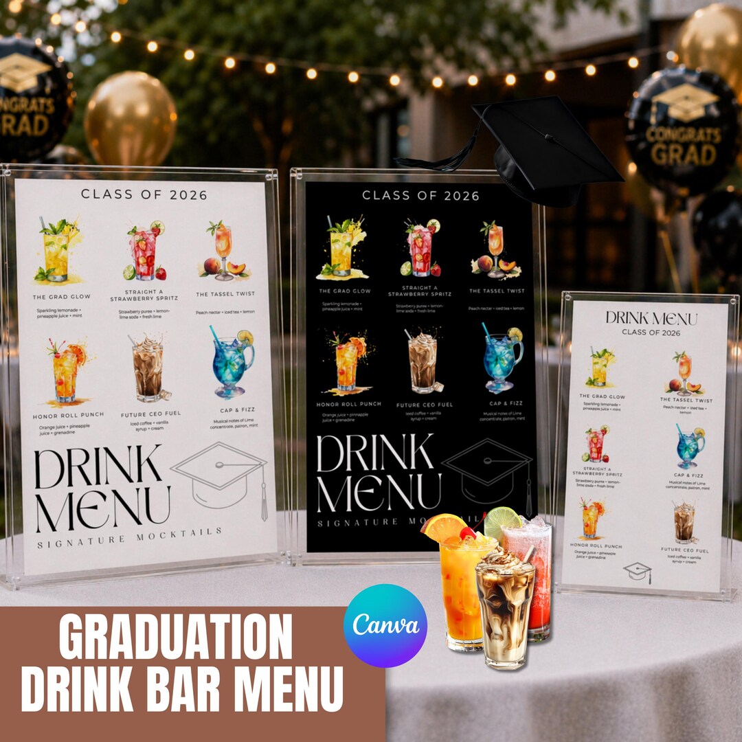 Graduation Drink Menu Template, Mocktail Bar Sign, Class of 2026 Party ...