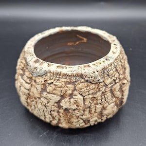 Puede incluir: Un cuenco de cerámica hecho a mano con una superficie texturizada y agrietada. El cuenco tiene una forma redondeada con una amplia abertura y un interior marrón oscuro. El exterior es de color beige claro con acentos marrones más oscuros.