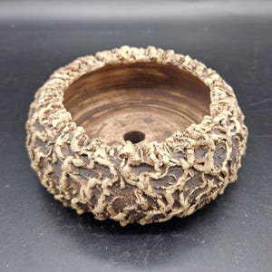 Puede incluir: Una maceta redonda de cerámica marrón con un exterior texturizado en forma de corteza. La maceta tiene una abertura ancha y un orificio de drenaje en la parte inferior. El borde y el exterior son de color marrón claro, contrastando con el interior marrón oscuro.