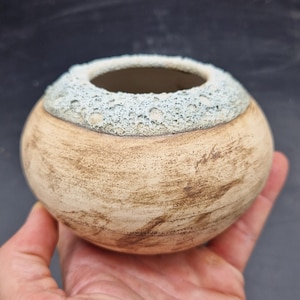 Può includere: Una piccola ciotola in ceramica rotonda con un'ampia apertura. Il corpo della ciotola presenta una finitura spazzolata color marrone chiaro con striature marrone scuro. Il bordo ha una spessa fascia grigio chiaro, testurizzata e porosa.