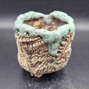 Puede incluir: Una pequeña maceta de cerámica hecha a mano con un exterior texturizado similar a la corteza. El borde está adornado con un esmalte verde menta moteado y goteante. El interior de la maceta es de un marrón más oscuro.