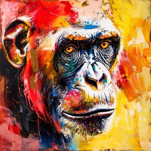 Op de afbeelding: Een close-up van een kleurrijk abstract schilderij van een chimpansees gezicht. Het schilderij heeft gedurfde streken in rood, geel, blauw en groen, waardoor een levendig en expressief portret ontstaat.