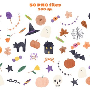 May include: A collection of 50 digital illustrations featuring Halloween-themed elements including pumpkins, ghosts, a black cat, a witch hat, a spider, a bat, a skull, various candies, stars, flowers, leaves, bows, and a house, labeled 50 PNC files 300 dpi.