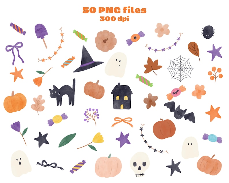 May include: A collection of 50 digital illustrations featuring Halloween-themed elements including pumpkins, ghosts, a black cat, a witch hat, a spider, a bat, a skull, various candies, stars, flowers, leaves, bows, and a house, labeled 50 PNC files 300 dpi.