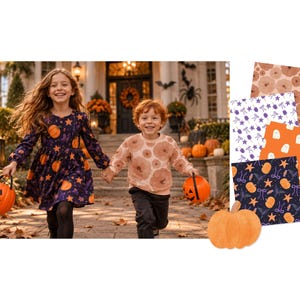 May include: A dark blue dress with orange pumpkin prints and a light pink sweater with brown pumpkin prints, accompanied by four square fabric swatches featuring patterns of pumpkins, ghosts, stars, and bows, plus a single orange pumpkin cutout.