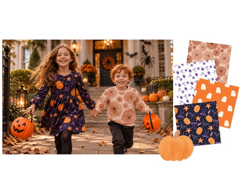 May include: A dark blue dress with orange pumpkin prints and a light pink sweater with brown pumpkin prints, accompanied by four square fabric swatches featuring patterns of pumpkins, ghosts, stars, and bows, plus a single orange pumpkin cutout.