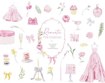 Romantic Pink Watercolor Clipart Bundle, Floral PNG Elements, Wedding, Birthday Clipart, Bouquets, Frames, Seamless Patterns