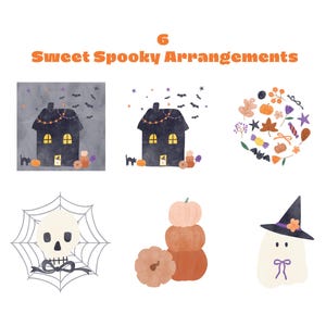 May include: A digital illustration titled 6 Sweet Spooky Arrangements featuring six Halloween icons: two dark houses with bats, a circular collection of autumn leaves and candy, a skull in a spider web, a stack of pumpkins, and a ghost in a hat.