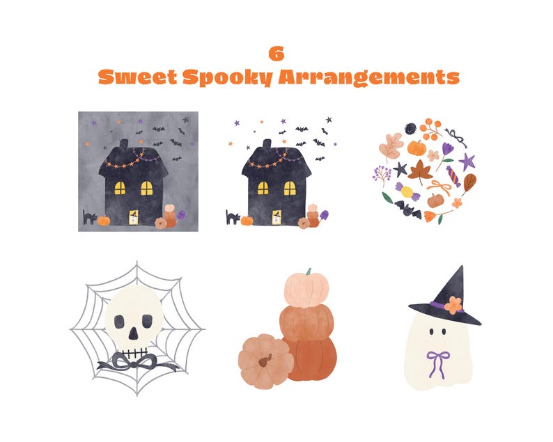 May include: A digital illustration titled 6 Sweet Spooky Arrangements featuring six Halloween icons: two dark houses with bats, a circular collection of autumn leaves and candy, a skull in a spider web, a stack of pumpkins, and a ghost in a hat.