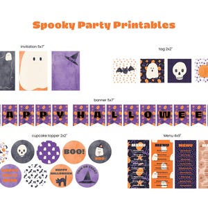 May include: A collection of Spooky Party Printables featuring Halloween-themed invitations, tags, banners, cupcake toppers, and menus. The designs include ghosts, skulls, pumpkins, bats, and cats in orange, purple, and black color palettes.