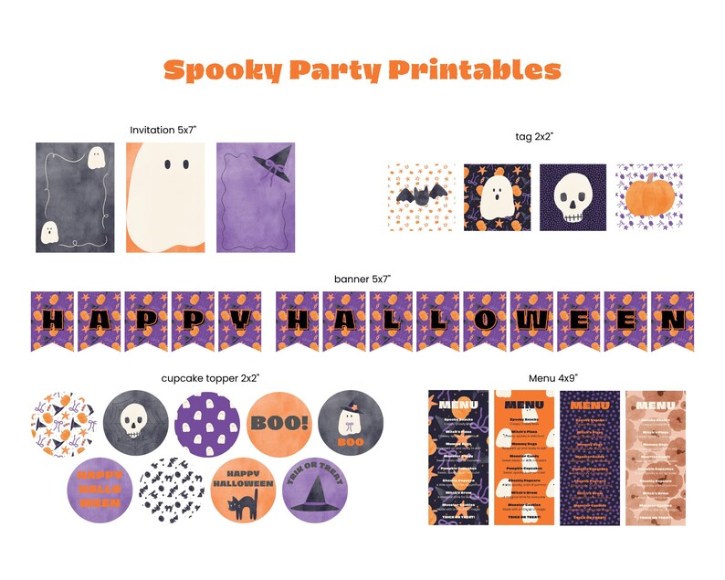May include: A collection of Spooky Party Printables featuring Halloween-themed invitations, tags, banners, cupcake toppers, and menus. The designs include ghosts, skulls, pumpkins, bats, and cats in orange, purple, and black color palettes.