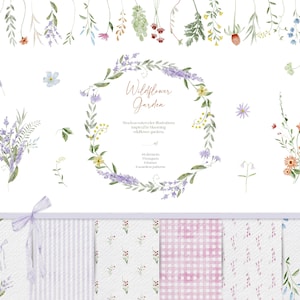 Könnte beinhalten: Eine digitale Sammlung von Aquarell-Wildblumenillustrationen mit einem zentralen Blumenkranz, einzelnen Stielen und Blumensträußen. Der Text lautet Wildflower Garden, 44 elements, 9 bouquets, 6 frames, 6 seamless patterns. Unten sind fünf gemusterte Papierdesigns abgebildet.