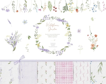 Wildflower Clipart PNG | Watercolor Flowers, 44 Floral Elements, Seamless Patterns, Frames & Bouquets, Flower Clipart, digital download