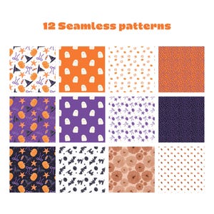 May include: A collection of 12 seamless patterns featuring Halloween-themed illustrations including orange pumpkins, white ghosts, black witch hats, purple bows, stars, bats, and black cats arranged in a grid with the text 12 Seamless patterns.