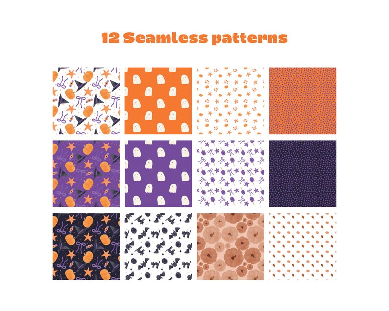 May include: A collection of 12 seamless patterns featuring Halloween-themed illustrations including orange pumpkins, white ghosts, black witch hats, purple bows, stars, bats, and black cats arranged in a grid with the text 12 Seamless patterns.