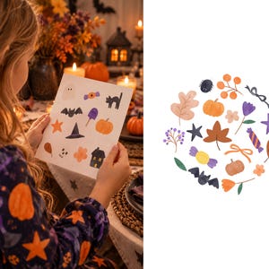 May include: A sticker sheet featuring a collection of watercolor illustrations including pumpkins, bats, ghosts, candy, autumn leaves, stars, a black cat, a house, and flowers arranged in a circular pattern on a white background.
