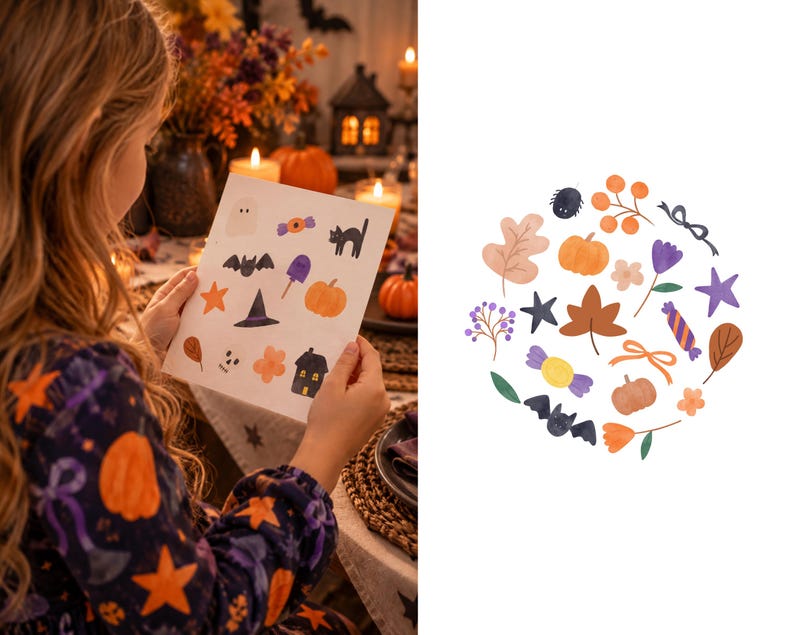May include: A sticker sheet featuring a collection of watercolor illustrations including pumpkins, bats, ghosts, candy, autumn leaves, stars, a black cat, a house, and flowers arranged in a circular pattern on a white background.