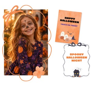 May include: A rectangular card featuring a smiling child with face paint wearing a dark purple long-sleeve dress with orange pumpkins and stars. A second card is orange with the text HAPPY HALLOWEEN TRICK OR TREAT and ghost illustrations.