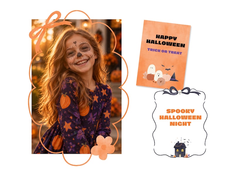 May include: A rectangular card featuring a smiling child with face paint wearing a dark purple long-sleeve dress with orange pumpkins and stars. A second card is orange with the text HAPPY HALLOWEEN TRICK OR TREAT and ghost illustrations.