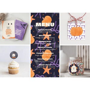 May include: A collection of Halloween-themed party supplies including a ghost-shaped invitation, a purple witch hat card, a menu with orange pumpkins and stars, a square pumpkin gift tag, a ghost cupcake topper, and a jar with a ghost tag.