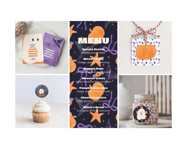 May include: A collection of Halloween-themed party supplies including a ghost-shaped invitation, a purple witch hat card, a menu with orange pumpkins and stars, a square pumpkin gift tag, a ghost cupcake topper, and a jar with a ghost tag.