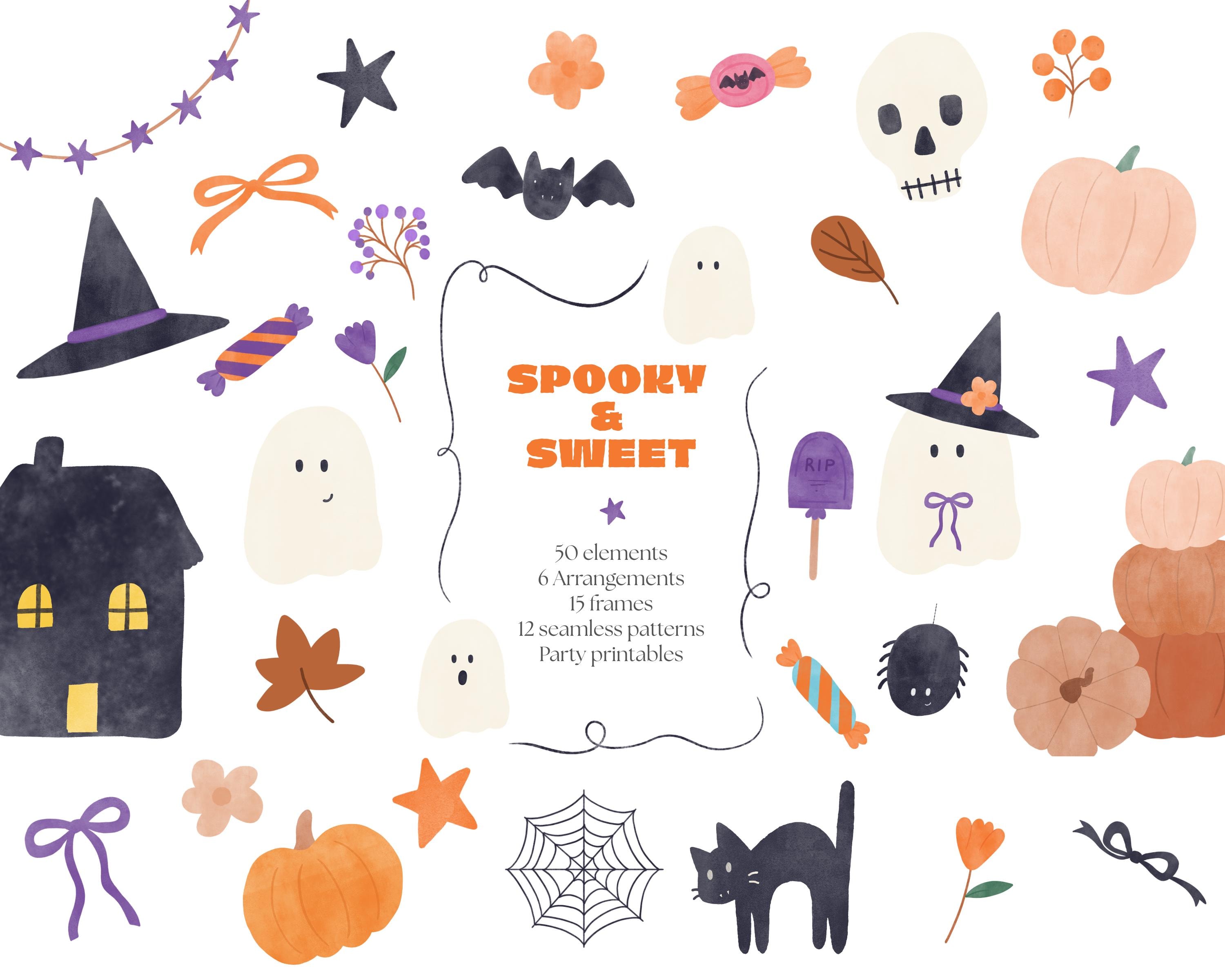 Kit d'Halloween à la fois effrayant et mignon, clipart PNG d'Halloween, éléments aquarelle, motifs sans raccord, cadres et décorations de fête à imprimer, clipart d'automne