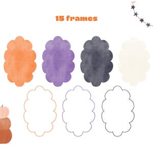 May include: A collection of scalloped frames in orange, purple, dark gray, and cream, along with three white outlines. The text 15 frames appears in orange. A string of dark stars and a stack of three pumpkins in shades of pink and orange are included.