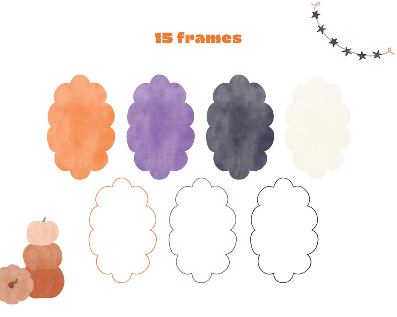 May include: A collection of scalloped frames in orange, purple, dark gray, and cream, along with three white outlines. The text 15 frames appears in orange. A string of dark stars and a stack of three pumpkins in shades of pink and orange are included.