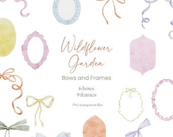 Watercolor Bows & Frames Clipart | 15 PNG Elements | Floral Frames | Transparent PNG | Unlimited Commercial Use