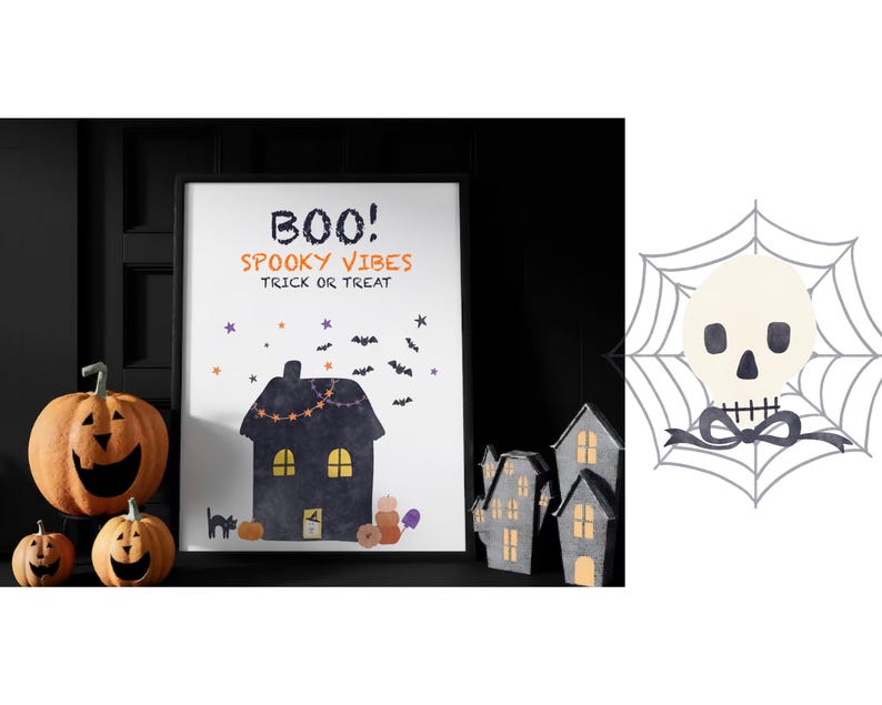 May include: A framed white poster featuring the text BOO! SPOOKY VIBES TRICK OR TREAT, a dark house, bats, and pumpkins. Beside it is a graphic of a white skull centered on a gray spider web with a black bow. Two orange jack-o'-lanterns sit nearby.