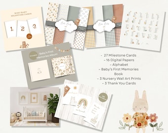 Boho Baby Digital Bundle – Milestone Cards, Prints, Memory Book, printable bundle, Boho Baby Collection (Instant Download)