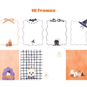 May include: A collection of 15 frames featuring Halloween-themed illustrations including ghosts, pumpkins, a witch hat, a haunted house, a bat, and a skull. The designs include various borders, solid orange backgrounds, and a black and white grid pattern.